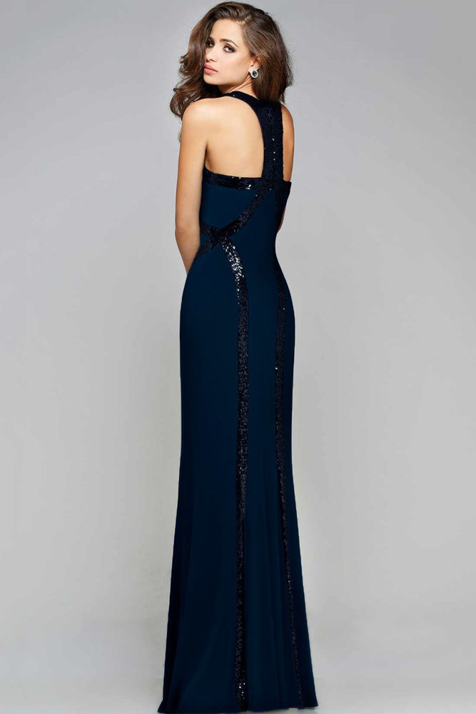 W25023 Sequin Trim Blue Jersey Gown